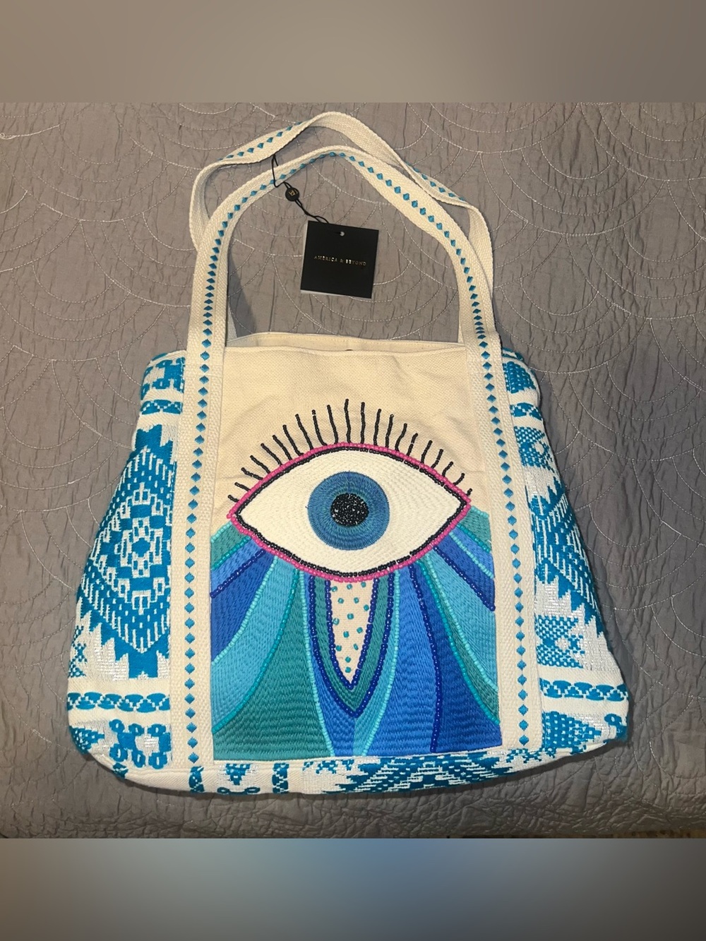 American & Beyond Blue Eye Embroidered Canvas Tote